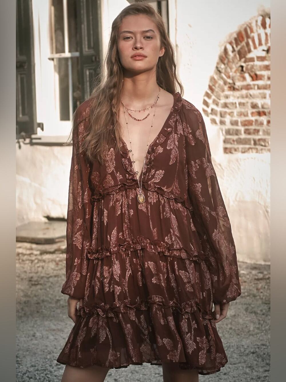 By Anthropologie Long-Sleeve Tiered Metallic Mini Dress